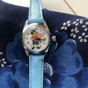 Blue Leather Strap Watch with Cartoon Dial